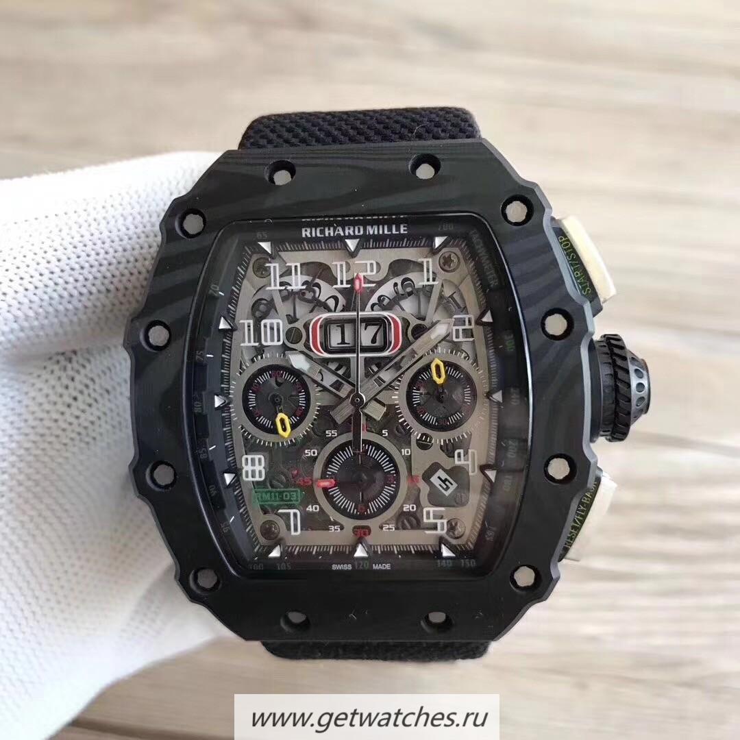 NEW Replica Richard Mille RM011-03 Flyback Chrono KLF Forged Carbon Black Skeleton Dial 7750